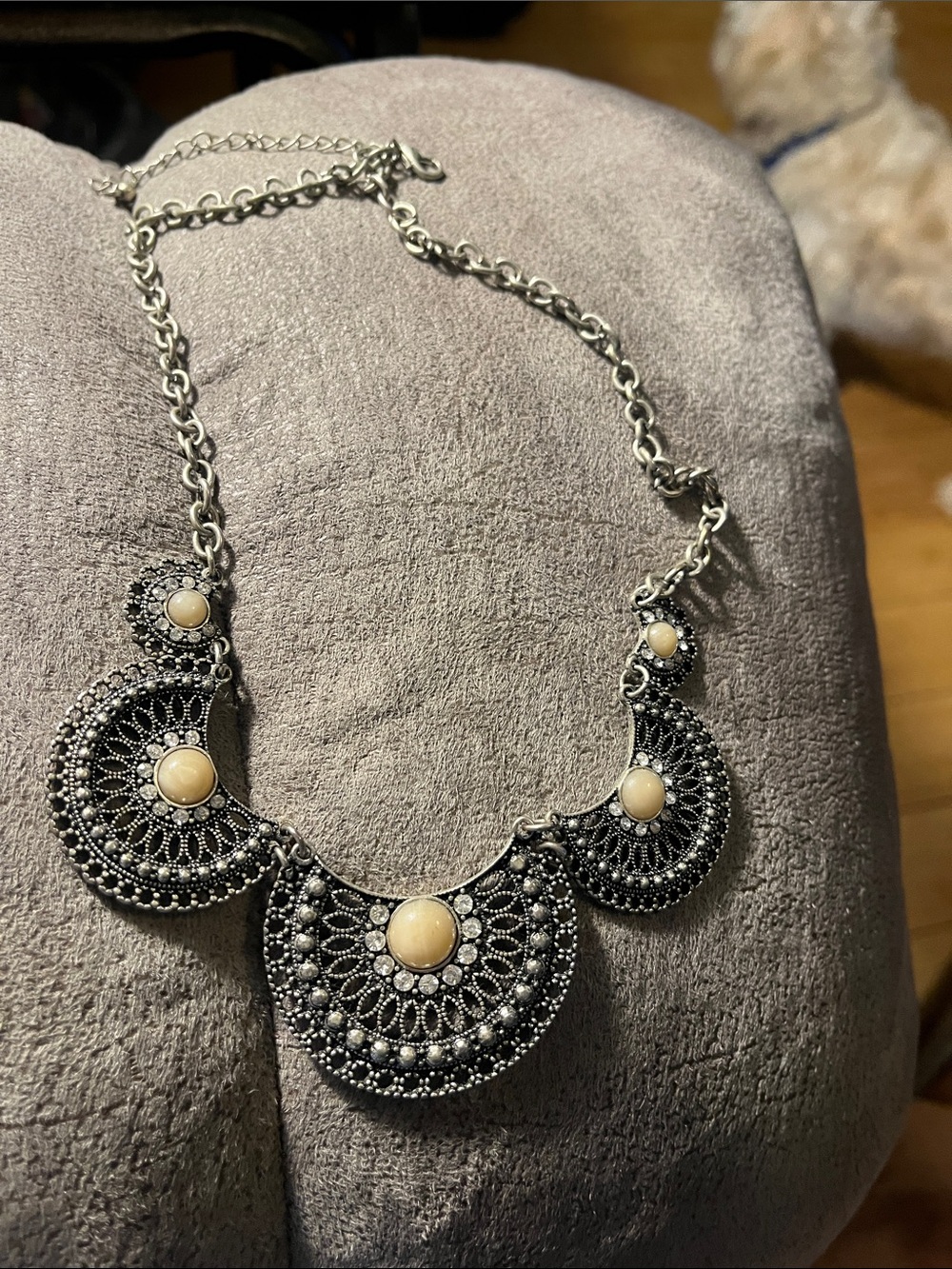 Boho Silver-Tone Statement Necklace with Cream Cabochons 1962